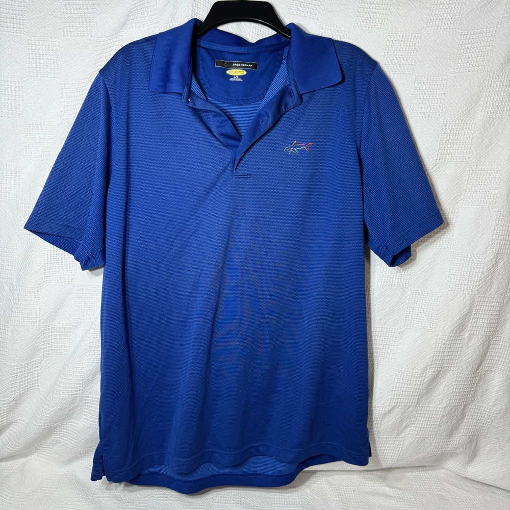 Greg Norman Golf Polo Shirt Mens Large Play Dry‎ Short Sleeve Blue Shark Logo